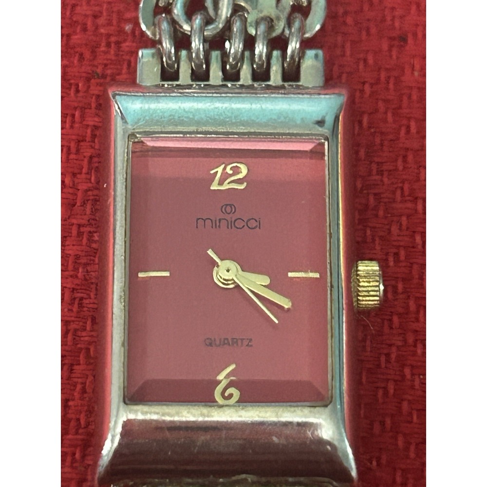 Minicci Red Dial Gold Tone Rectangle Case Red Crystal Accent Chain Band Watch